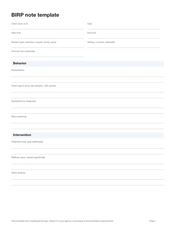 BIRP note template, first page: client and session details, then the note's sections with prompts and writing lines