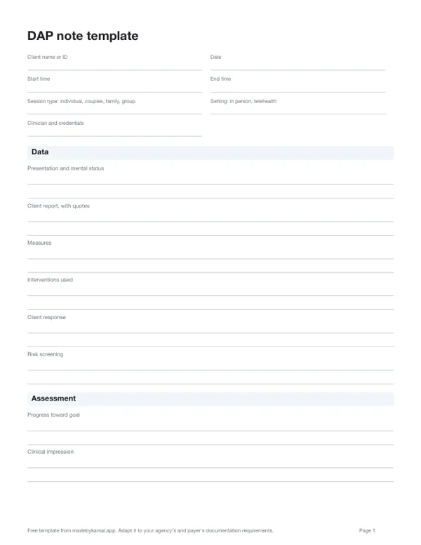 DAP note template, first page: client and session details, then the note's sections with prompts and writing lines