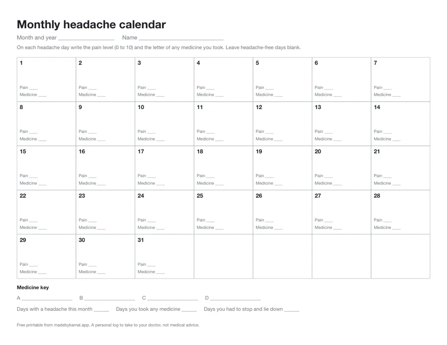 Monthly headache calendar printable: a box for each day of the month with pain level and medicine, a medicine key, and totals for headache days, medicine days and days you had to lie down