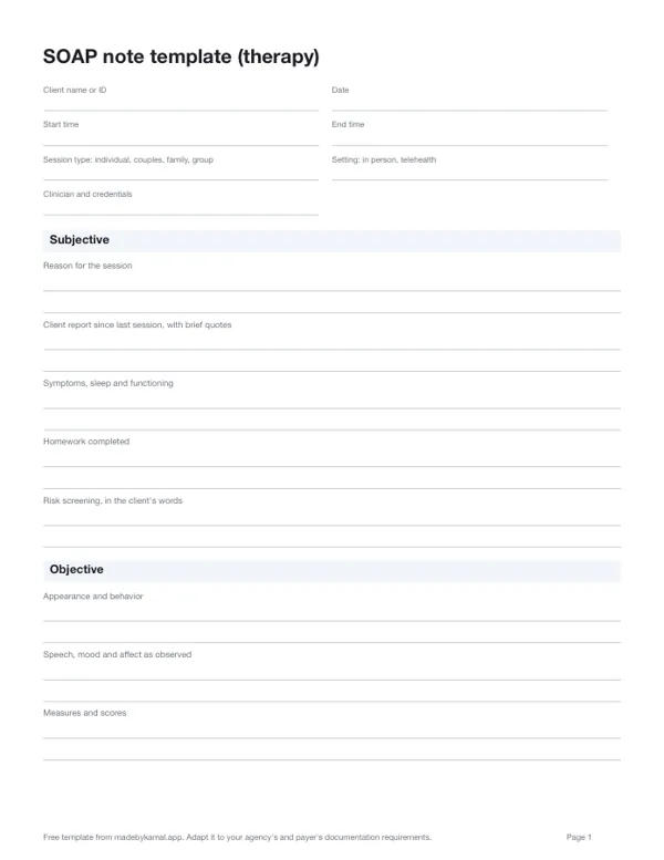 SOAP note template, first page: client and session details, then the note's sections with prompts and writing lines