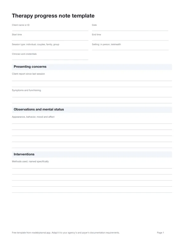 Therapy progress note template, first page: client and session details, then the note's sections with prompts and writing lines