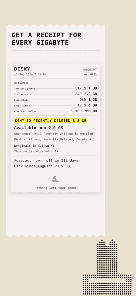 Disky app screen: Get a receipt for every gigabyte