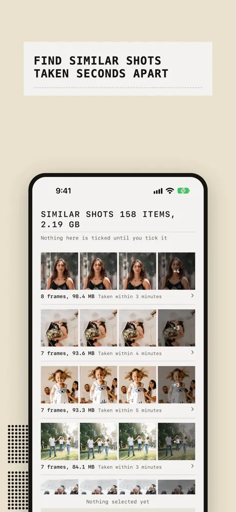 Disky app screen: Find similar shots taken seconds apart