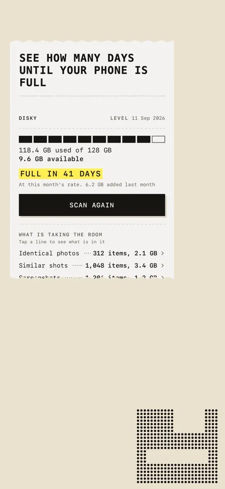 Disky app screen: See how many days until your phone is full