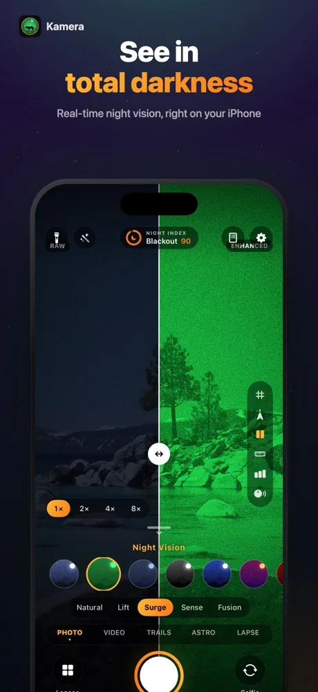 Kamera Pro app screen: See in total darkness
