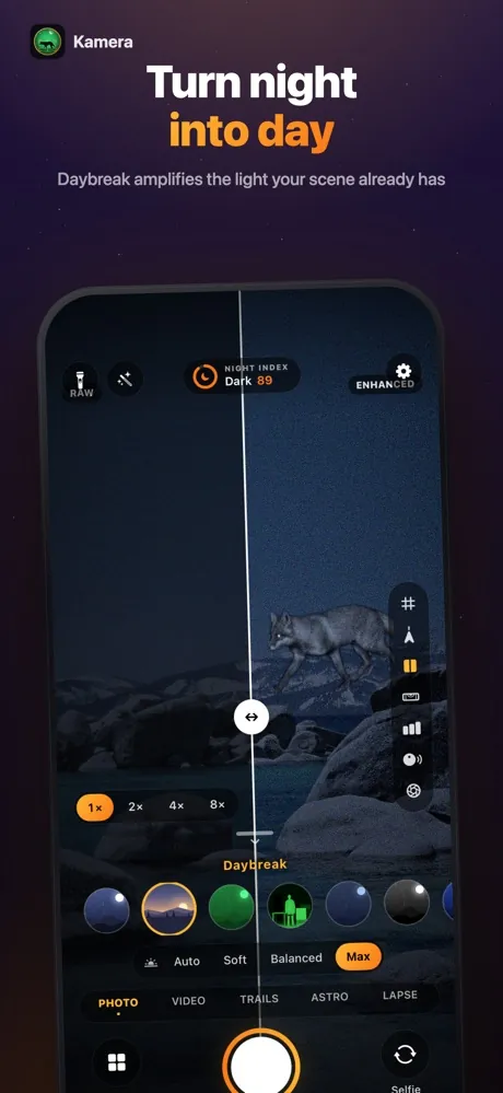 Kamera Pro app screen: Turn night into day