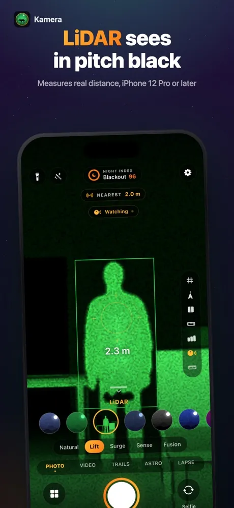 Kamera Pro app screen: LiDAR sees in pitch black