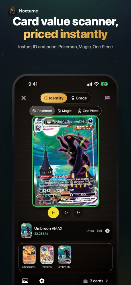Nocturne app screen: Card value scanner, priced instantly