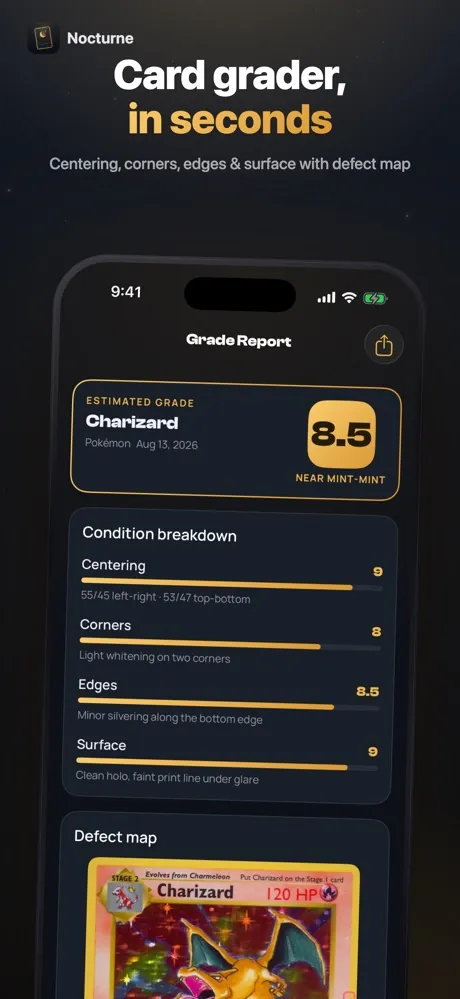 Nocturne app screen: Card grader, in seconds